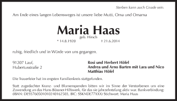 Traueranzeige von Maria Haas von Pegnitz-Zeitung